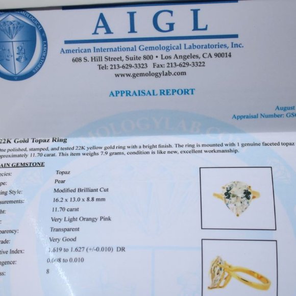 Certified Imperial Topaz 11.70ct Solid 22K Ring - Picture 10 of 11